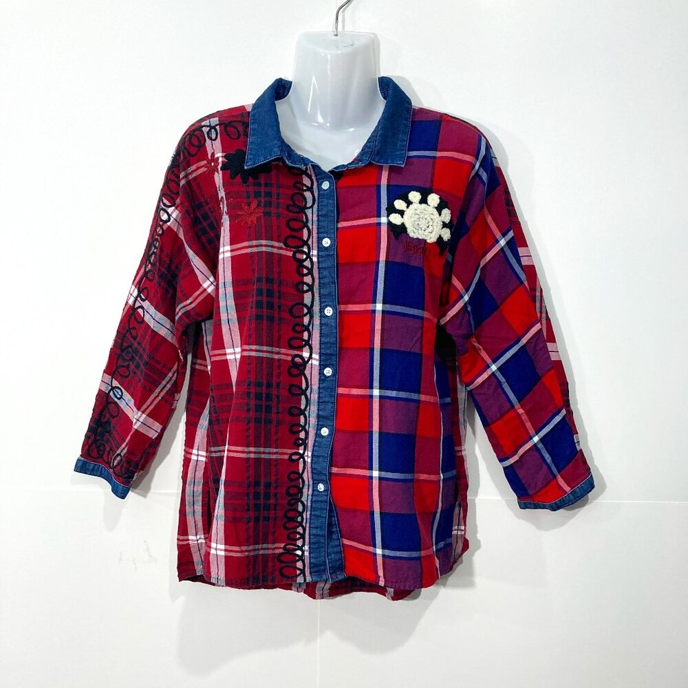 Desigual Womens Plaid Denim Button up Long Sleeve Shirt Red Blue Embroidered M